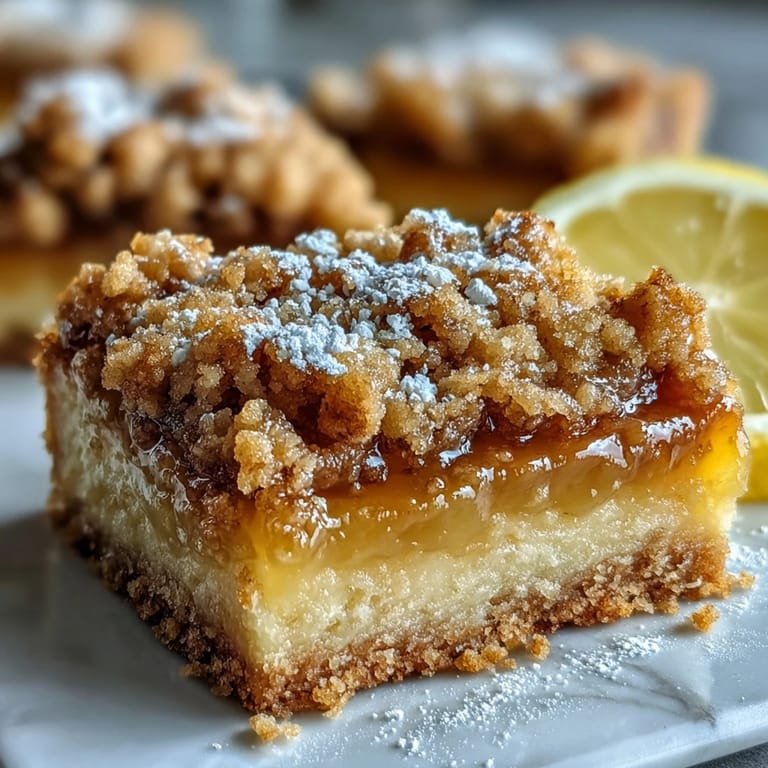 Goldene Homemade Lemon Crumb Bars bestäubt mit Puderzucker, serviert auf rustikalem Teller.