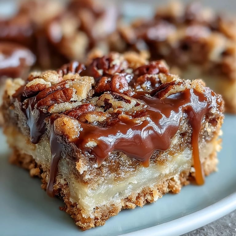 Goldbrauner Crumble-Topping bedekt zarte Schokoladestücke auf diesen köstlichen amerikanischen Decadent Sweet and Chewy Turtle Bars.