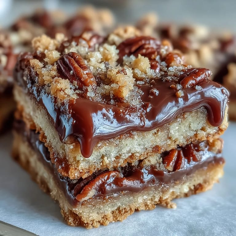 Genieße warme Decadent Sweet and Chewy Turtle Bars mit reichhaltiger Karamellsoße und gehackten Pekannüssen.