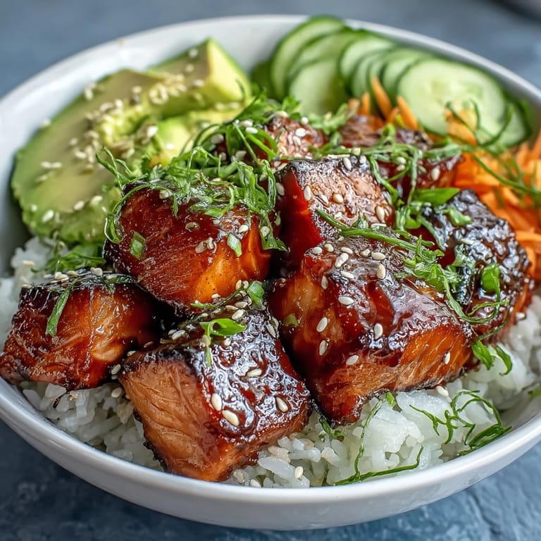 Frisch gebackene lachskuben auf knusprigem reis mit avocadoscheiben und eingelegtem ingwer