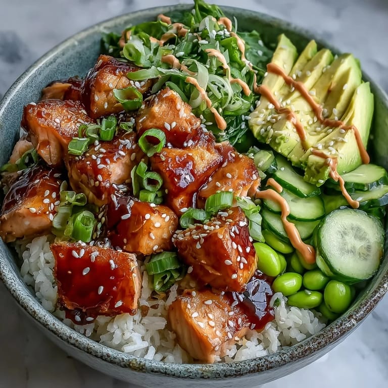 Genussvoll angerichteter Salmon Rice Bowl mit knusprigen Gurken, würziger Sriracha-Mayo und goldbraunen Sesamsamen auf fluffyem Reis.