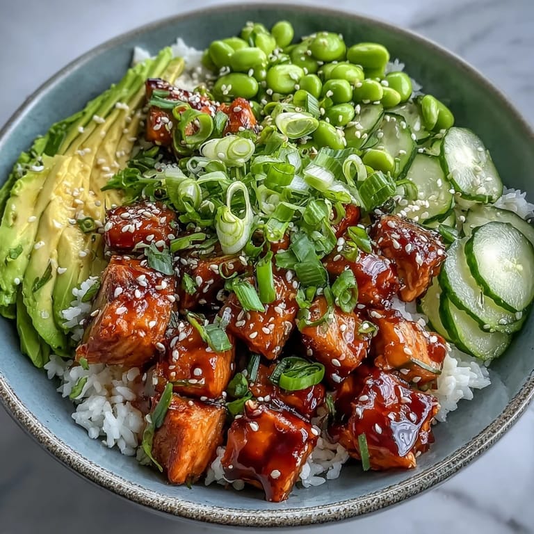 Würzig-marinierte Lachswürfel auf saftigem Jasminreis mit knackigem Edamame und cremiger Avocado im trendigen Buddha-Bowl-Stil.