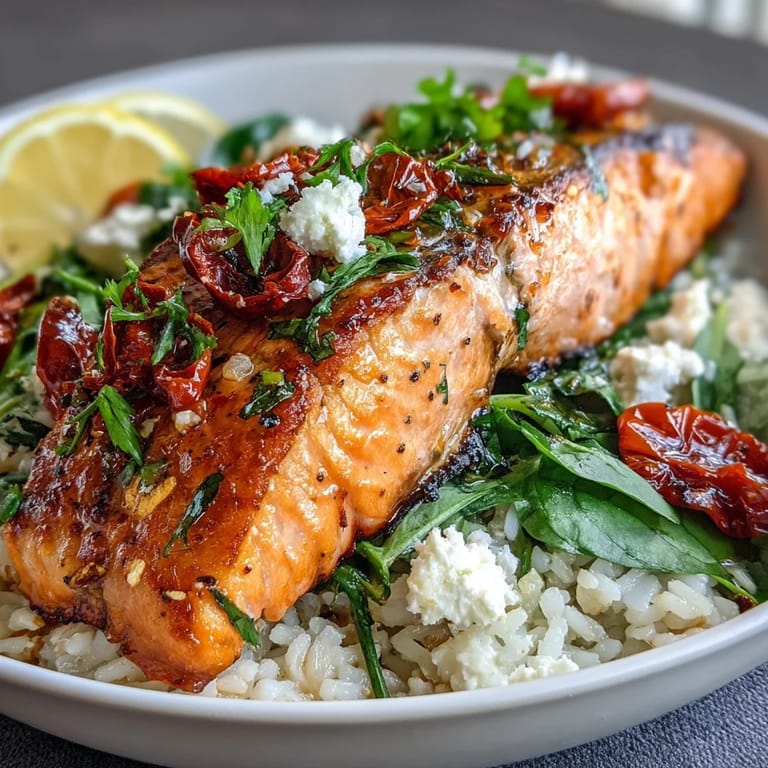 Crispy rice and pan-seared salmon create a gluten-free Mediterranean Salmon Bowl, highlighted by diced cucumber and sun-dried tomatoes for a fresh finish.