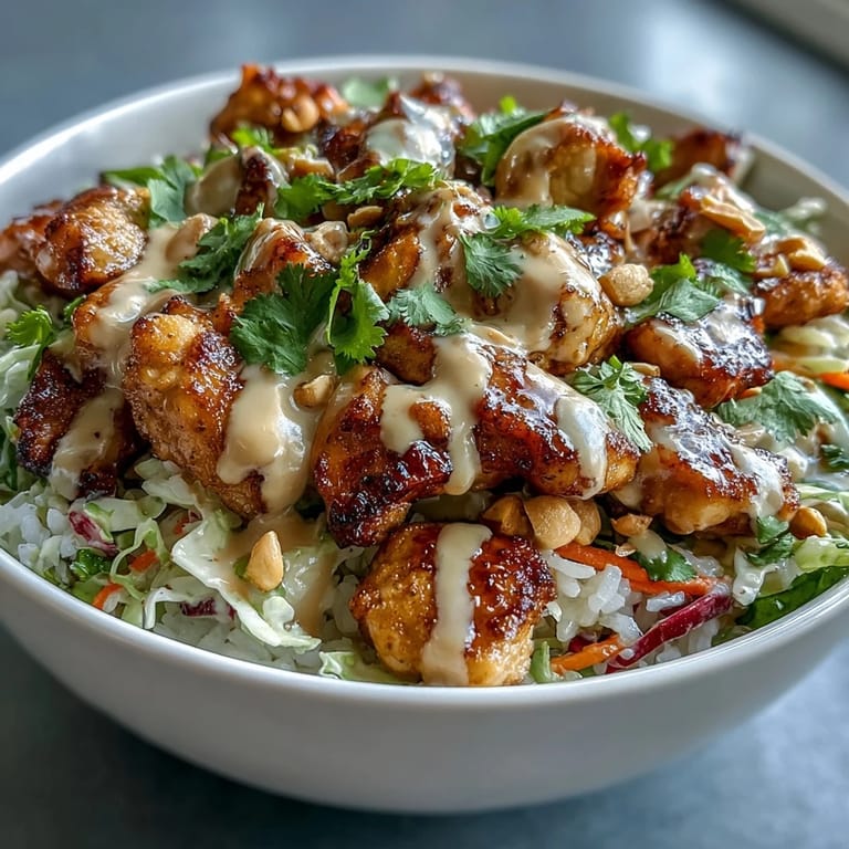 Ein gesunder, eiweißreicher Thai-inspirierter Schalen-Imbiss mit frischem Koriander und gerösteten Erdnüssen für eine perfekte Mittagspause.