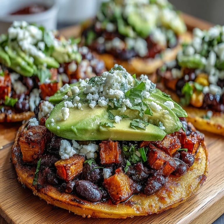 Feldfrische Black Bean and Sweet Potato Tostadas mit schwarzem Bohnen-Corn-Mix, Koriander und knusprigen Tostadas.