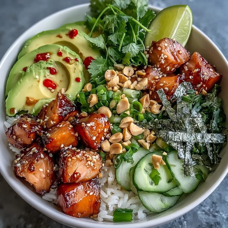 Avocado Salmon Bowl mit cremiger Avocado, scharfem Chiliöl und knusprigen Erdnüssen auf warmem Reis.