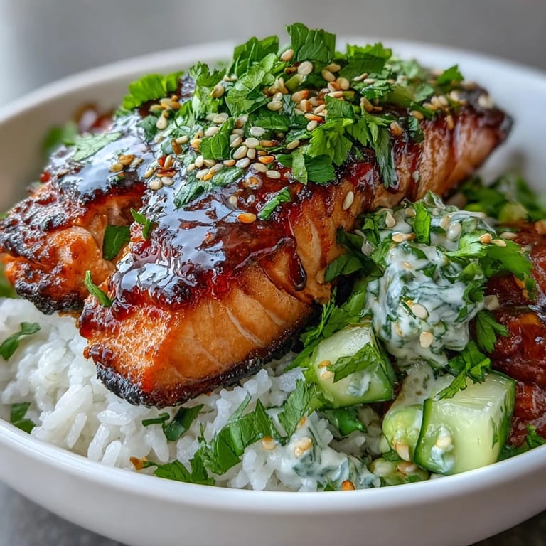 Savory Bang Bang Salmon Bowl with tender fish, crisp veggies, and spicy drizzle, ready for a quick, flavorful meal.