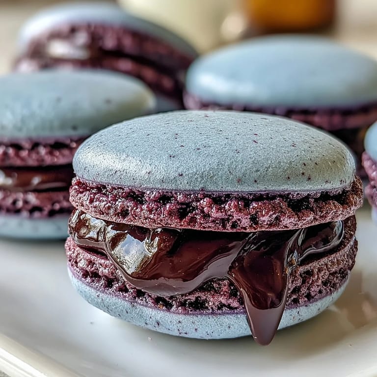 Freshly baked Black Currant Macarons sandwiched with tangy ganache, ideal for an afternoon tea party.
