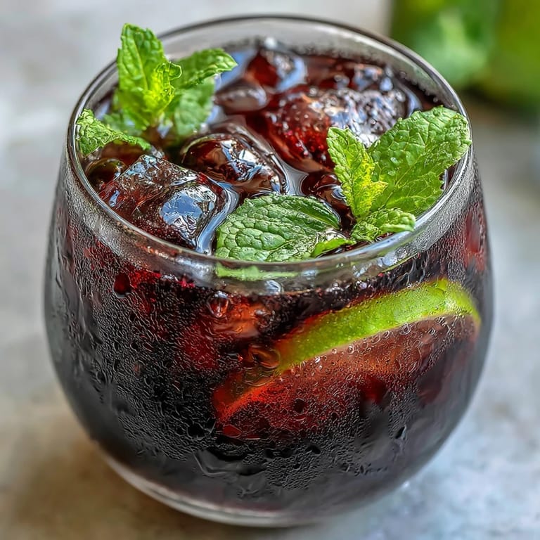 Black Currant Mocktail served in a clear glass with ice cubes, fresh mint, and lime, perfect for a refreshing alcohol-free summer beverage.