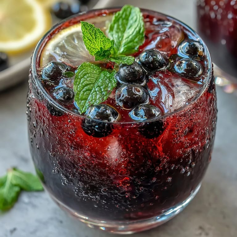 Ein cremiger Black Currant It Berry Celebration Drink als smoothie, angerichtet in einem Glas mit gefrorenen Beeren und Vanille-Kick.