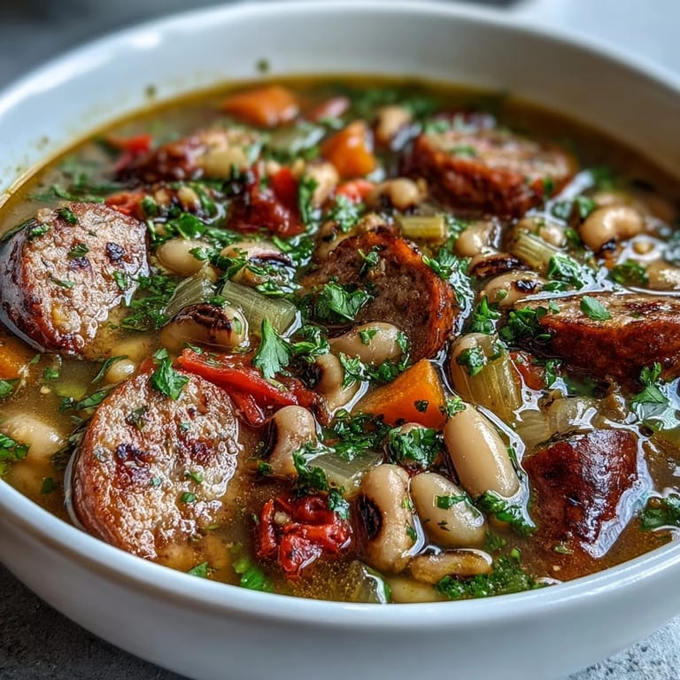 Close-up of Black-Eyed Peas and Sausage Soup revealing tender sausage, legumes, and carrots in a rich, savory broth.