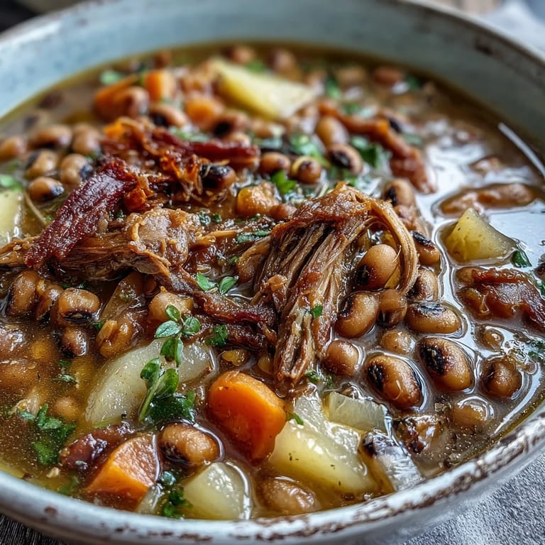 Close-up of tender shredded ham and black-eyed peas in a flavorful broth, highlighting the rich texture of this satisfying Black-Eyed Pea Stew with Smoked Ham Hocks.