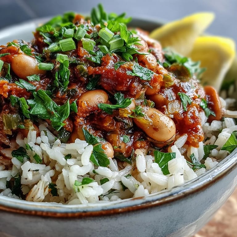 Steam rises from a hearty pot of Vegetarian Hoppin John, served with lemon wedges and rice.