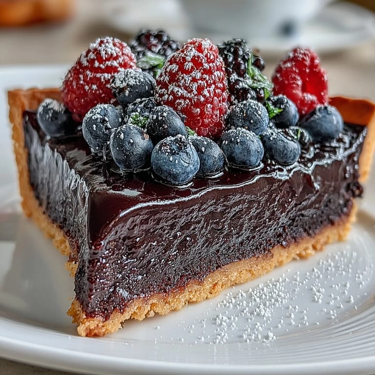 Schwarz Johannisbeer Tart auf marmorierter Platte, bestäubt mit Puderzucker und Minzblättern für frischen Kontrast.