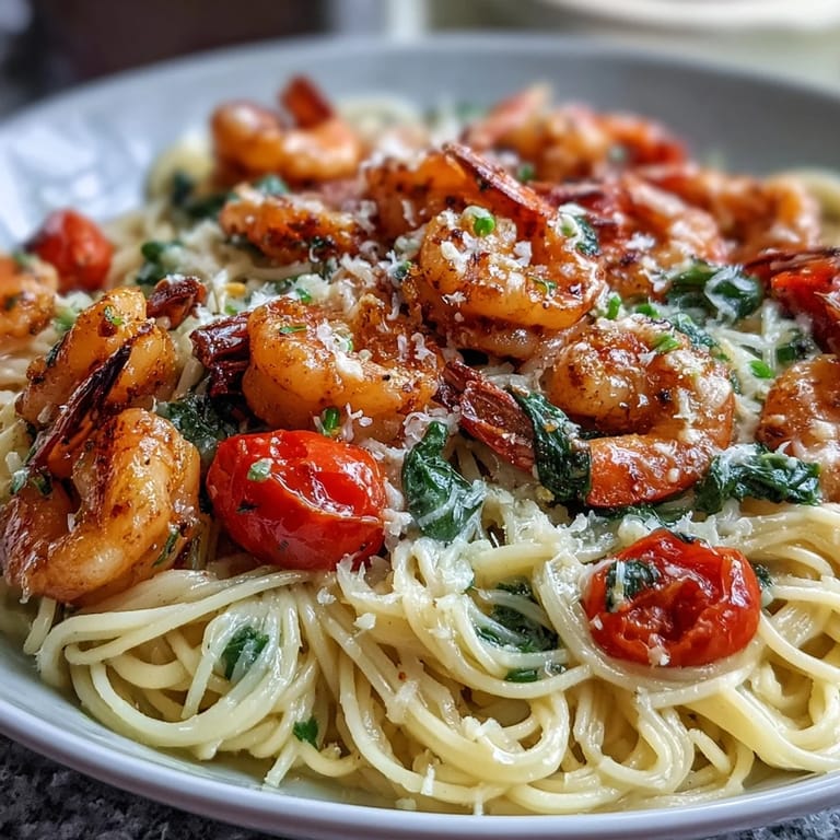 Frischer Knoblauch-Shrimp mit Engelshaar-Nudeln und Frühlingsgemüse – ein schnelles, aromatisches Gericht.