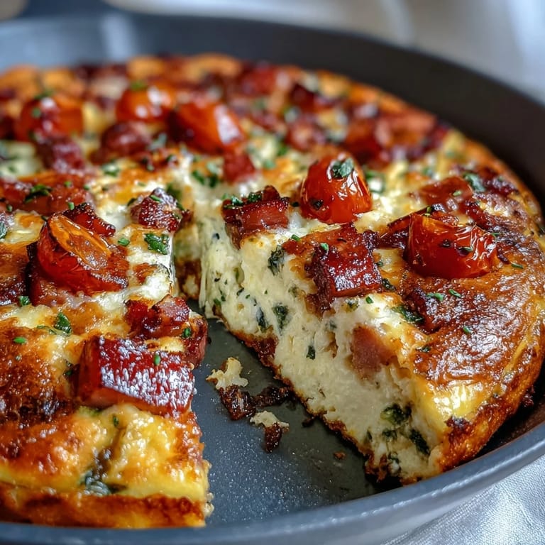 Ein-Pfanne-Schinken-Käse-Frittata mit geschmolzenem Käse und frischem Gemüse, perfekt für ein proteinreiches Frühstück