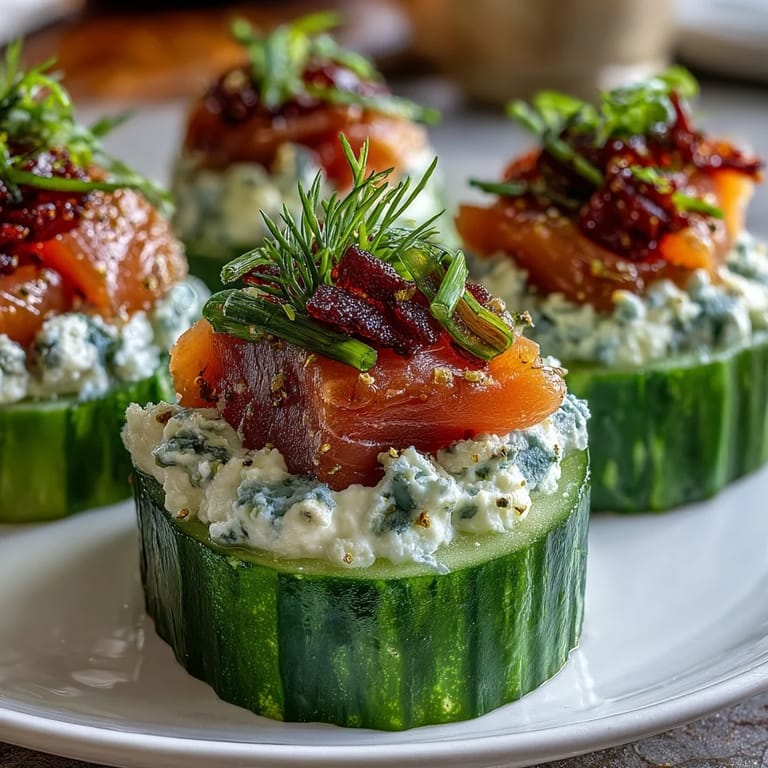 Erlesene Gurken-Bissen mit Frischkäse-Creme und Lachs, garniert mit Kapern und Dill.