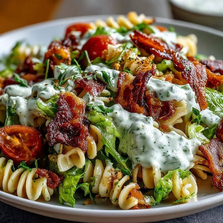 Köstliche Pasta mit Bacon, Salat und Tomaten, serviert mit einer frischen Avocado-Ranch-Soße – ideal für sommerliche Mahlzeiten.