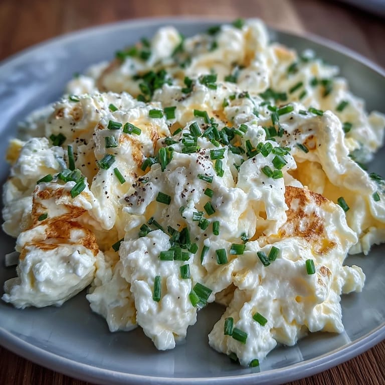 Genießen Sie Protein-Cottage-Cheese-Rühreier, serviert mit frischen Kräutern, für einen nahrhaften Start.