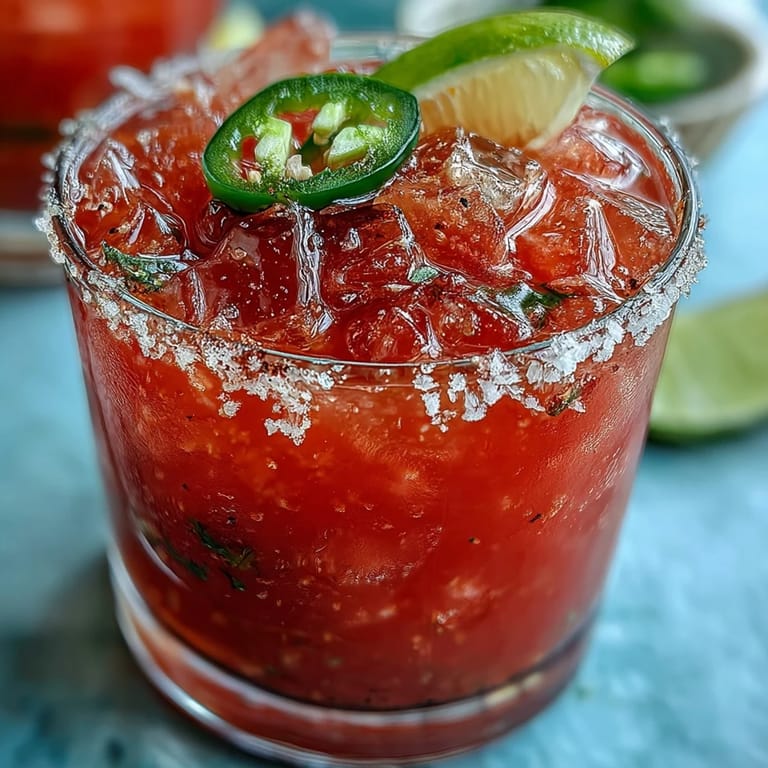 Leuchtend roter Wassermelonen-Jalapeño-Mocktail mit Limettenspalte und Jalapeño-Scheiben.