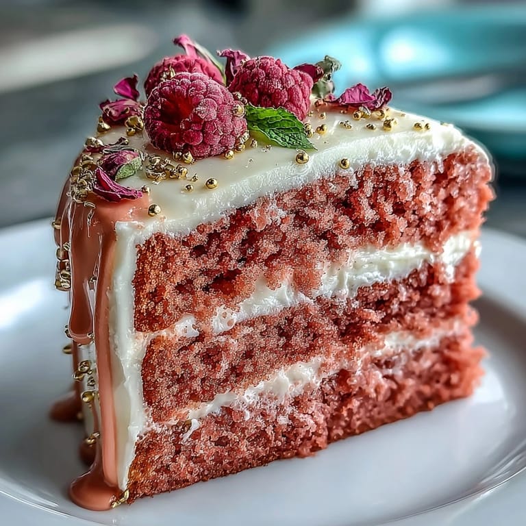 Ein beeindruckender pinker Samtkuchen, angereichert mit Rosé-Wein, dekoriert mit cremiger Frischkäsecreme und eleganter goldener Schokoladenglasur.