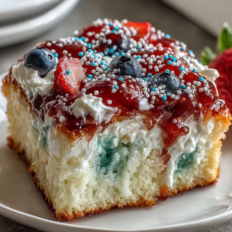Dieses Memorial Day Red White Blue Poke Cake ist mit bunten Geleepunkten und Sprinkles dekoriert.