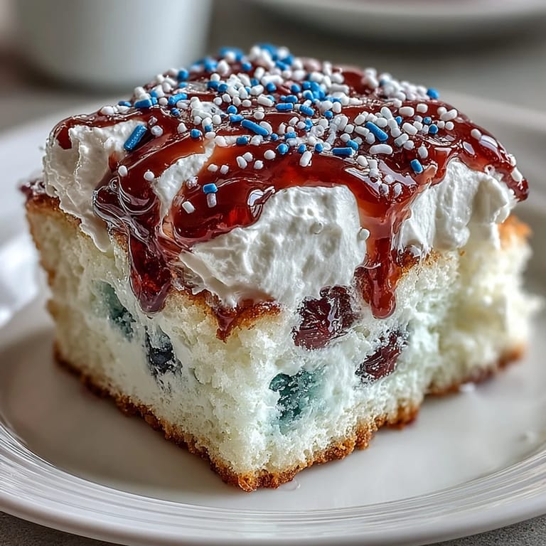 Genießen Sie ein Stück saftiges Memorial Day Red White Blue Poke Cake, perfekt gekühlt.
