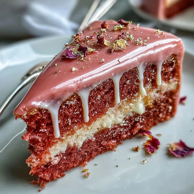 Rosé-velvet-Kuchen mit goldglänzendem Drip – perfekt für eine festliche Bridal Shower.