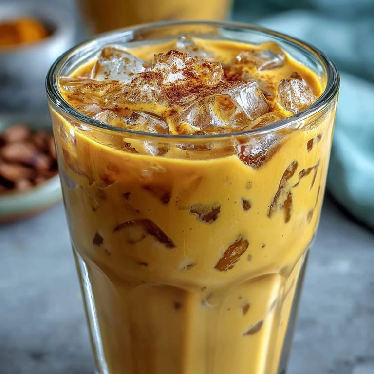 Goldene Milch Eiskaffee, gekühlt serviert, mit lebhaftem Kurkuma und aromatischem Zimt.