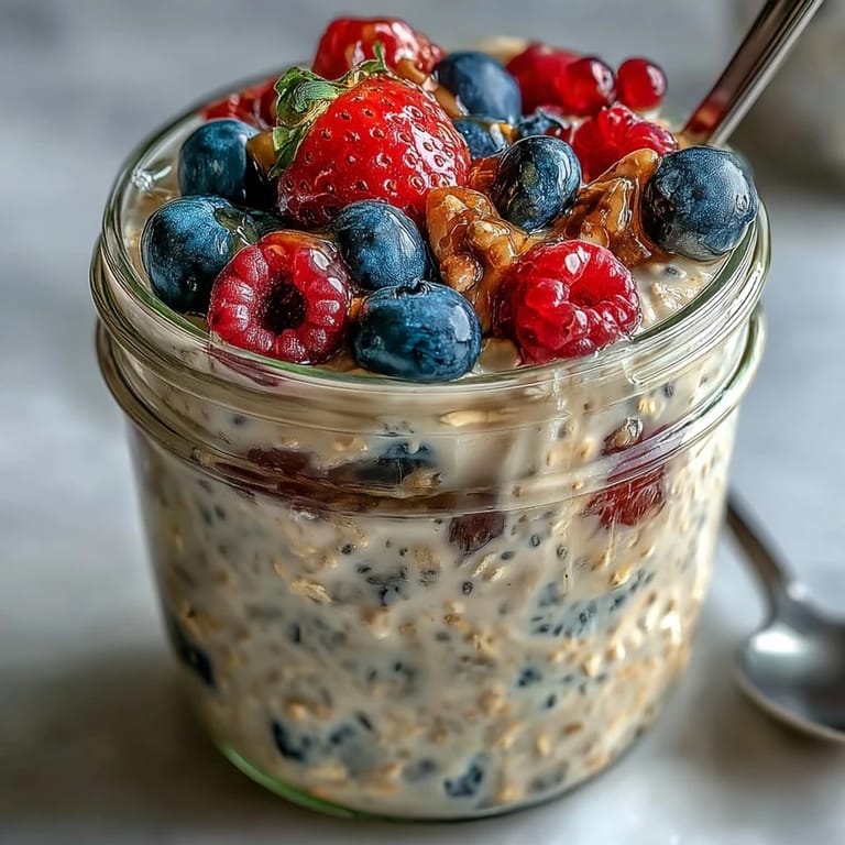 Nährstoffreiche High Fiber Overnight Oats, die über Nacht eingeweicht und mit frischen Früchten garniert werden.