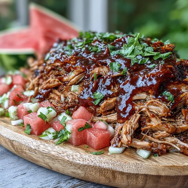 Herzhaftes Juneteenth BBQ Pulled Pork, serviert mit einem bunten, sommerlichen Wassermelonensalat.
