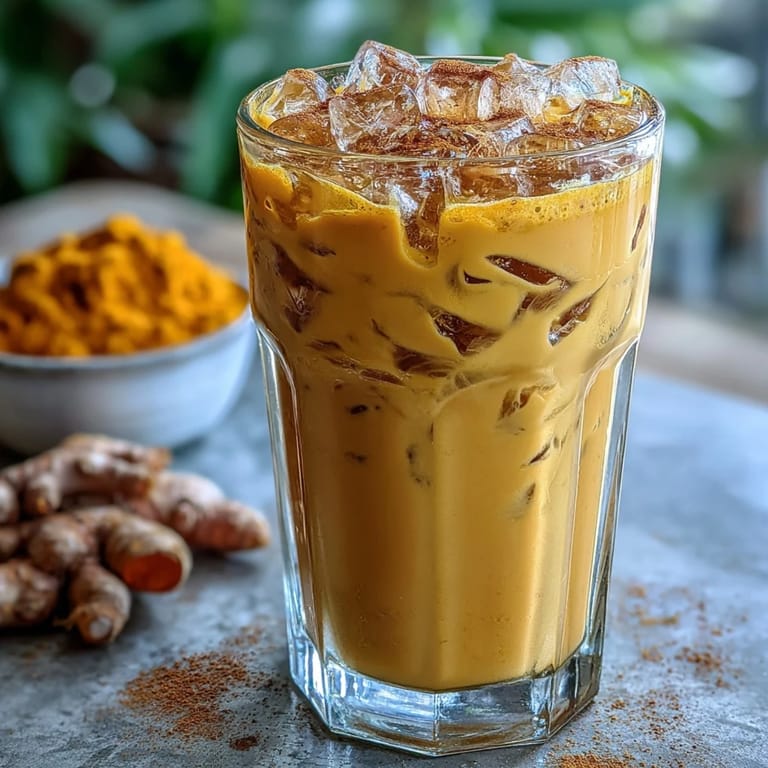 Genießen Sie diesen köstlichen Kurkuma Golden Milk Eiskaffee, perfekt für heiße Tage.