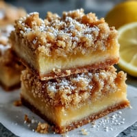 Frische Homemade Lemon Crumb Bars mit zitronigem Kern und goldener Krümelschicht auf Holzplatte.