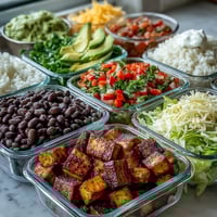 Gefüllte Meal Prep Burrito Bowl mit fluffyem Reis, schwarzen Bohnen, Hähnchenbruststreifen und knackigem Gemüse, frisch angerichtet.
