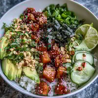 Gefüllte Schüssel mit Avocado Salmon Bowl, Seelachsfilet auf Reis mit Gurke und Erdnüssen.