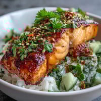 Flaky baked salmon nestled in a vibrant rice bowl with cucumber-edamame salsa, drizzled in creamy bang bang sauce.