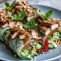 Farbige Rice Paper Roll Bowl mit knusprigem Gemüse und cremiger Erdnusssauce, serviert mit Limettenspalten und frischen Kräutern.