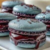Elegant Black Currant Macarons with purple shells and deep violet ganache filling, perfect on a porcelain plate.