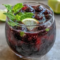 Two tall glasses of Black Currant Mocktail filled with ice, showing a deep purple hue and garnished with fresh mint leaves and thin lime slices on a rustic summer table.