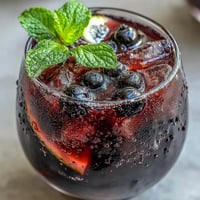 Ein erfrischender Black Currant It Berry Celebration Drink, der als perlender Mocktail mit Minzgarnitur serviert wird, ideal für feierliche Anlässe.