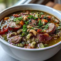 Hearty Black-Eyed Peas and Sausage Soup simmering in a rustic pot with vibrant diced vegetables and fresh parsley garnish.