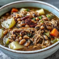 Hearty Black-Eyed Pea Stew with Smoked Ham Hocks simmering in a Dutch oven, featuring tender peas, carrots, and potatoes in a rich, steamy broth.