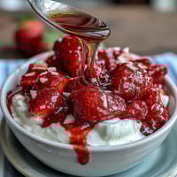 Schüssel mit cremigem griechischem Joghurt, belegt mit hausgemachtem Erdbeer-Kompott und knusprigen Nüssen.