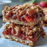Saftige Strawberry Rhubarb Crumble Bars mit goldbrauner, knuspriger Haferflockenkrume.
