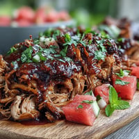 Juneteenth BBQ Pulled Pork mit Wassermelonensalat, saftig durchzogen und erfrischend leicht.